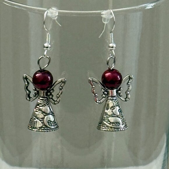 Handmade Jewelry - Angel Pierced Earrings Silver Burgundy